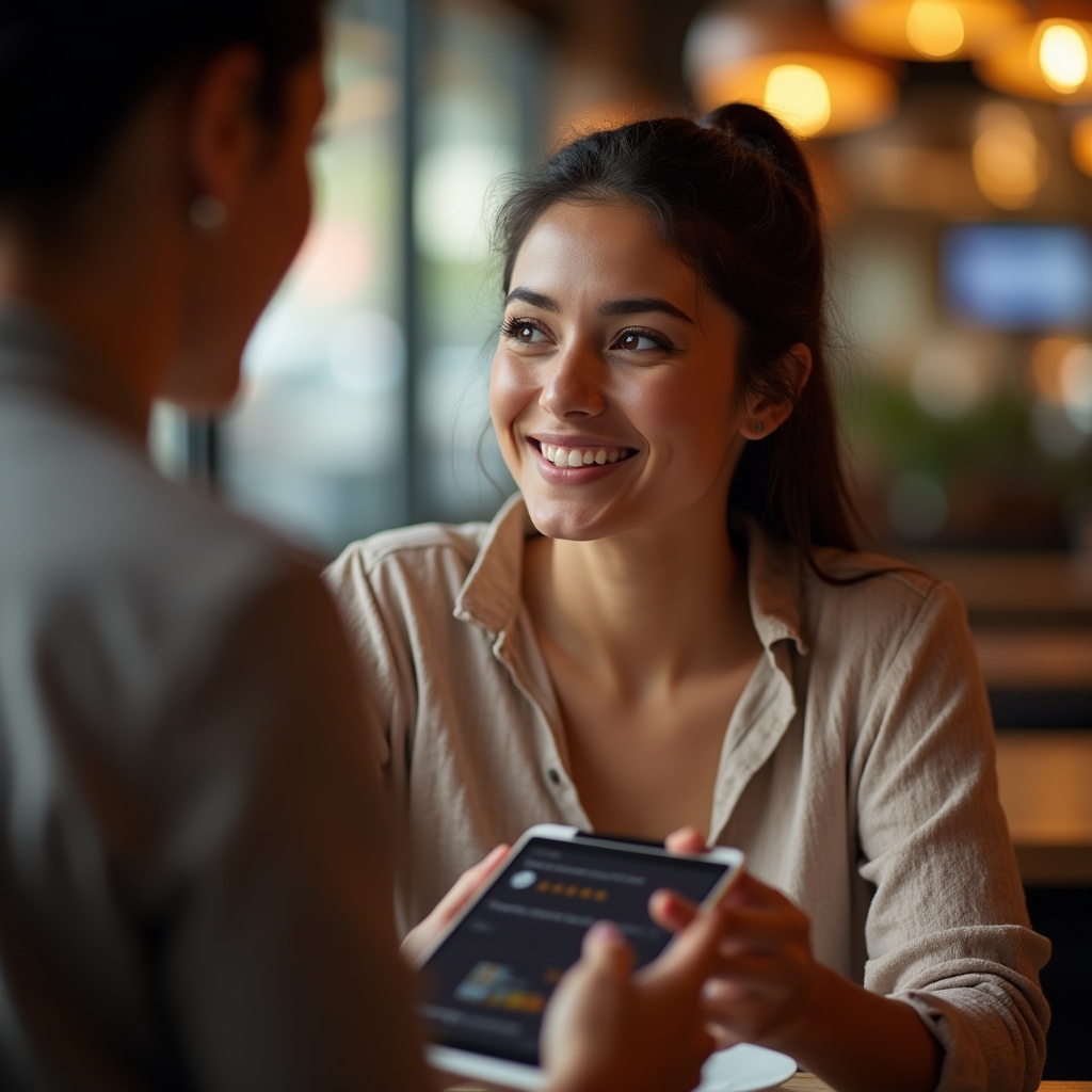 Client zâmbind ușor în timp ce lasă un feedback pozitiv la finalul mesei într-un restaurant