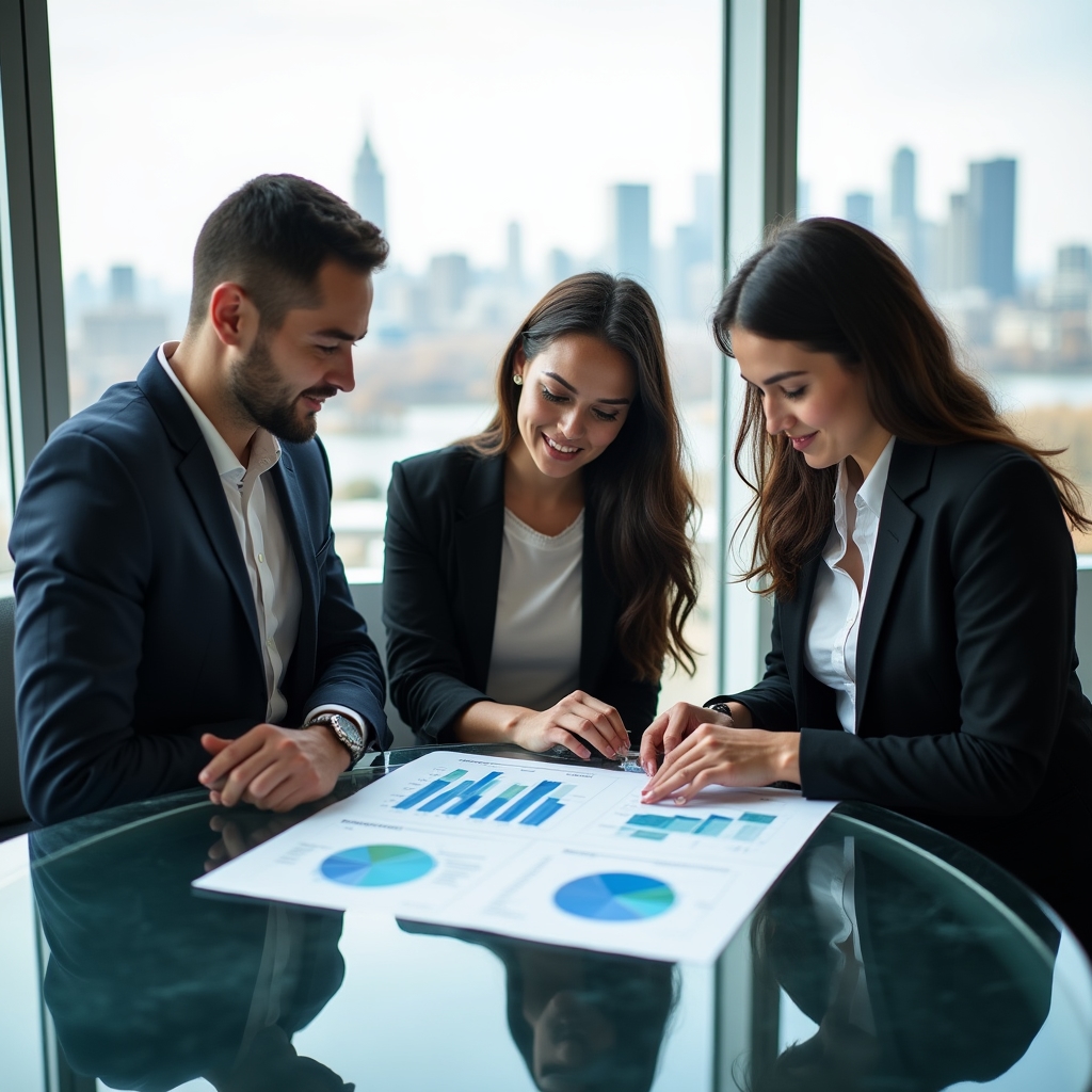 Echipă de management analizează un raport lunar comparativ tipărit, așezată la o masă de birou