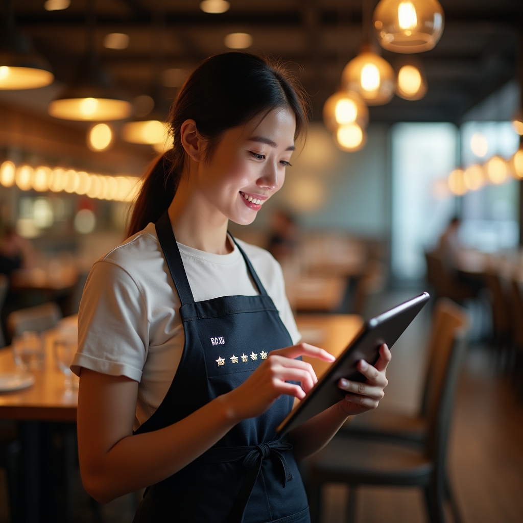 Client care completează un chestionar de feedback pe tabletă la finalul vizitei într-un restaurant modern