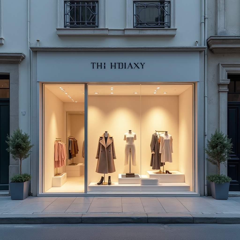 Vitrina luminoasă a unui magazin mic dintr-o rețea de retail, cu design modern și curat