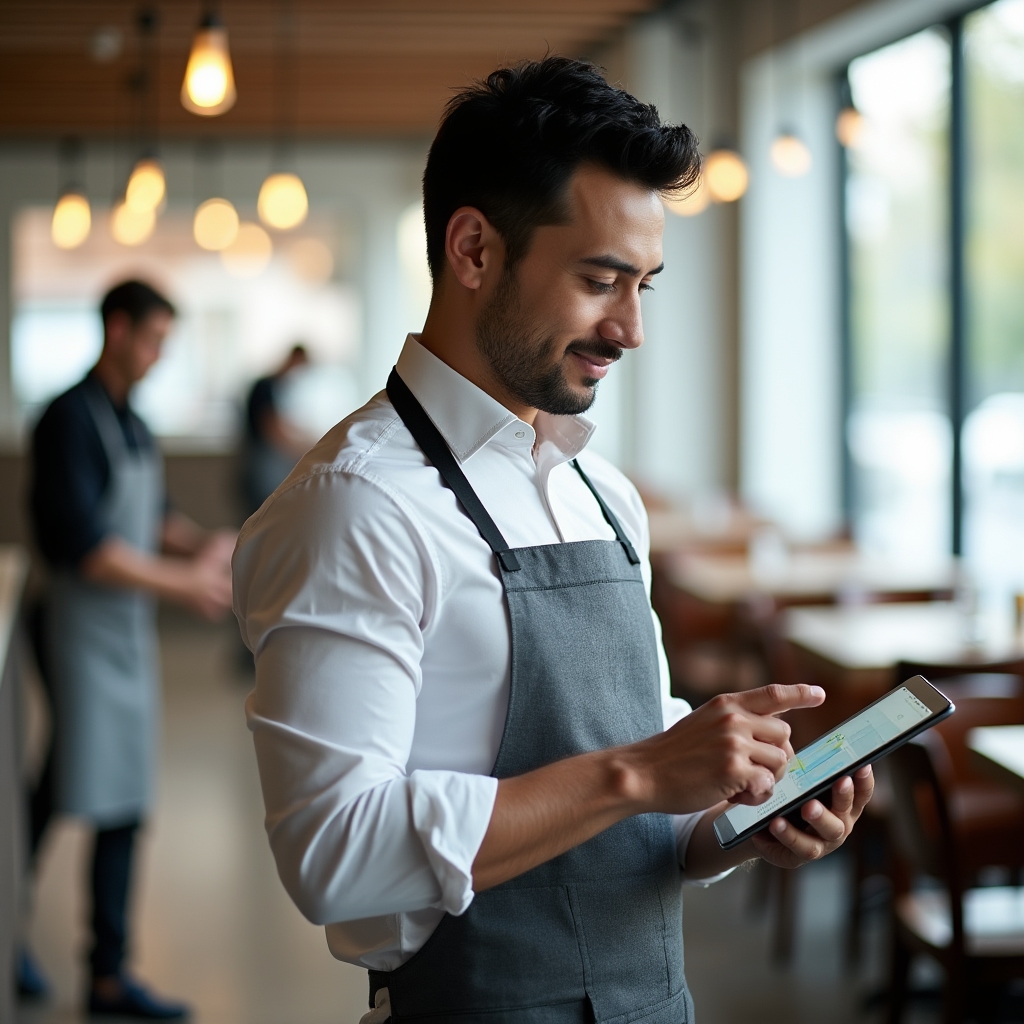 Manager de restaurant verifică pe o tabletă rezultatele feedback-ului primit de la clienți